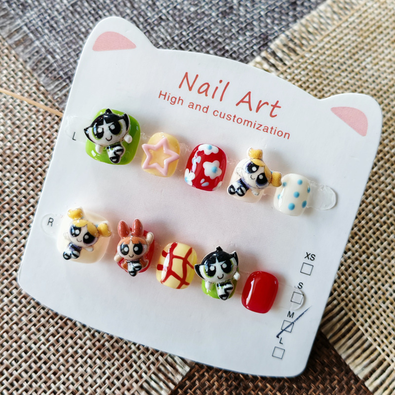 Children's Nail Art Powerpuff Girls Nail Stickers for Girls to Prevent Nail Biting, Cartoon Short Style Wearable Nails for Kids Children's Nail Art Powerpuff Girls Nail Stickers for Girls to Prevent Nail Biting, Cartoon Short Style Wearable Nails for Kids