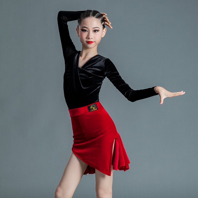 Girls kids latin dance dresses black red Latin dance clothing children  practise latin ballroom salsa performance costumes