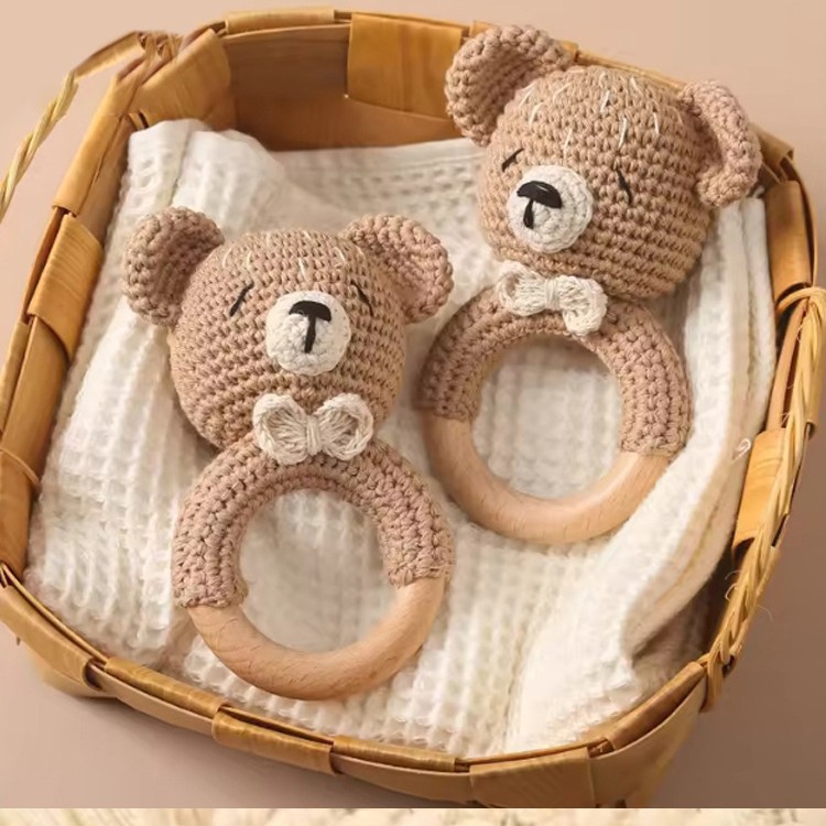 Bebé ganchillo animal oso sonajero juguete consolador pulsera de madera suministros para bebés juguetes de madera regalo para recién nacidos