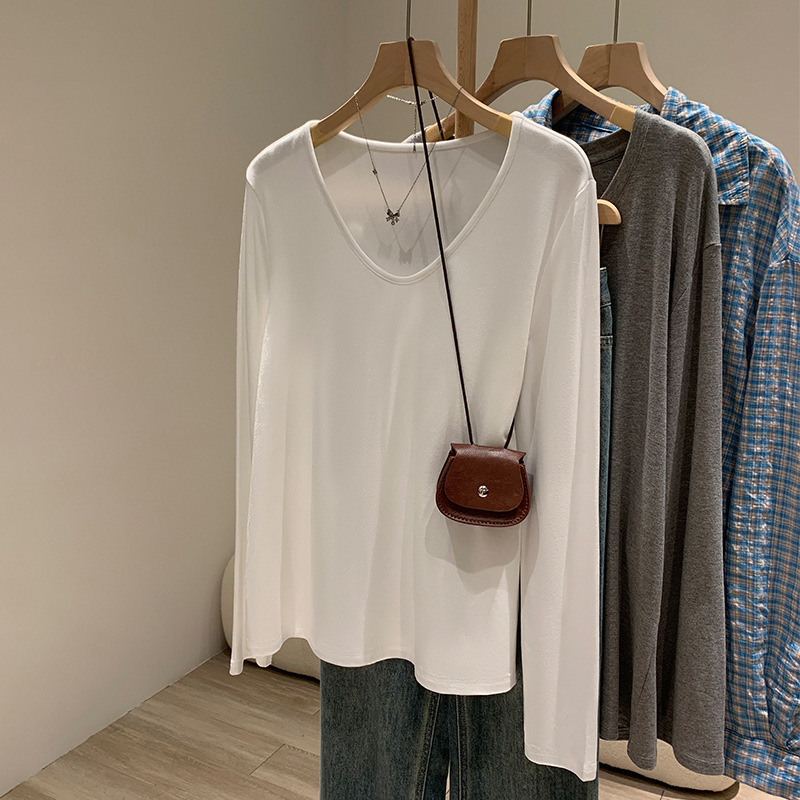 White Pure Desire V-Neck Collarbone-Exposing Long-Sleeve Women's Autumn and Winter Lazy Loose Lazy Style T-Shirt with Drapey Base Layer Top