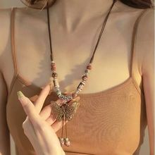 复古风波西米亚项链港味陶瓷蝴蝶吊坠项链女新款民族风项链长款