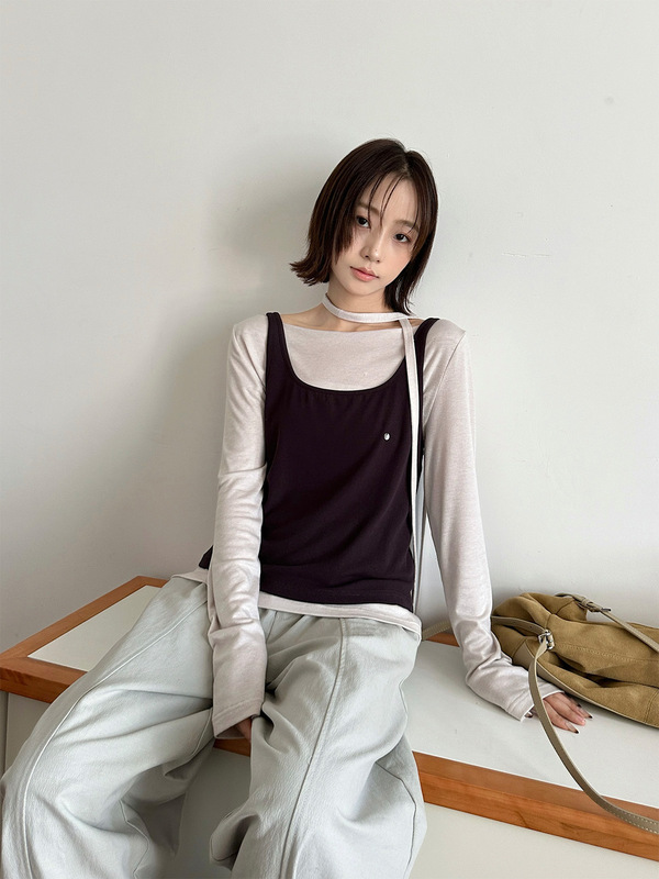 2025秋季新款韩版针织两件套女圆领撞色叠穿套头亲肤长袖上衣|undefined