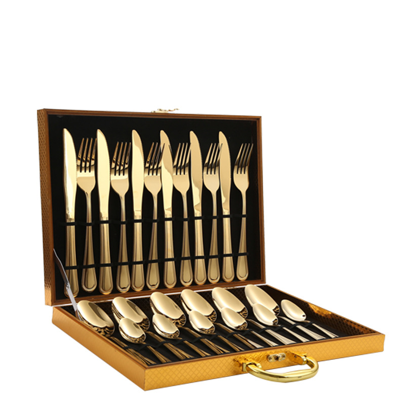 Cuchillo y tenedor de acero inoxidable cuchillo y cuchara de venta transfronteriza conjuntos de 24 piezas conjuntos de doble línea de suministros de hotel caja de regalo conjuntos de cubiertos