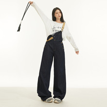 深蓝牛仔背带裤女青春女大高腰显瘦直筒宽松阔腿拖地连体裤子批发