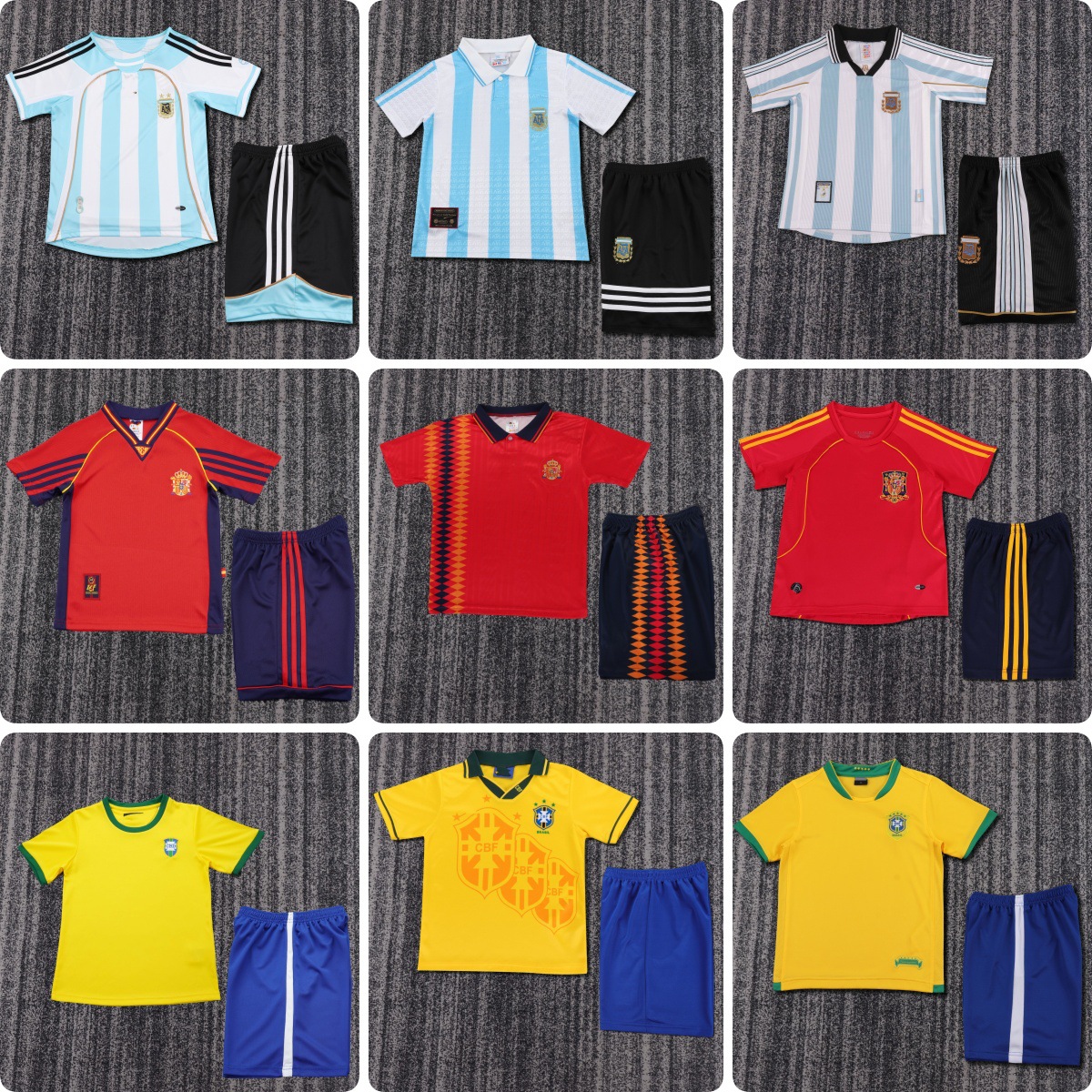 Retro National Team Children's Clothing Argentina Spain Brazil Portugal Germany France Mexico Football Uniform Set