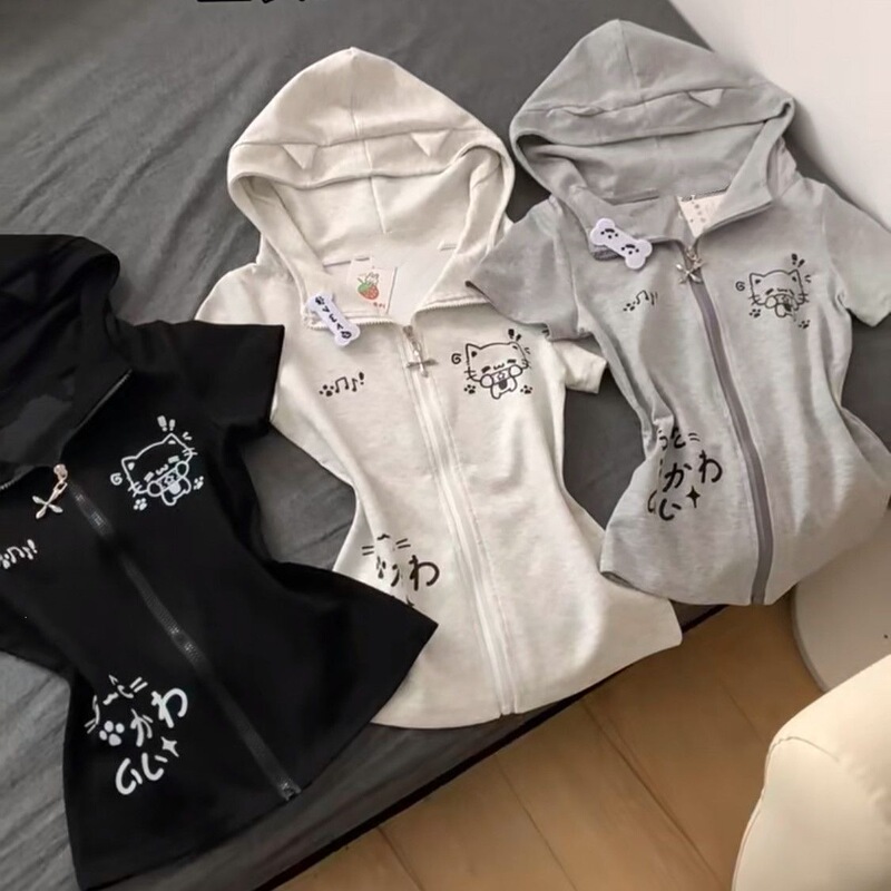 Cat Ear Japanese-Style Hooded Cute Slim-Fit Subculture Sweatshirt Jacket Spring/Summer Short-Sleeve Basic Top