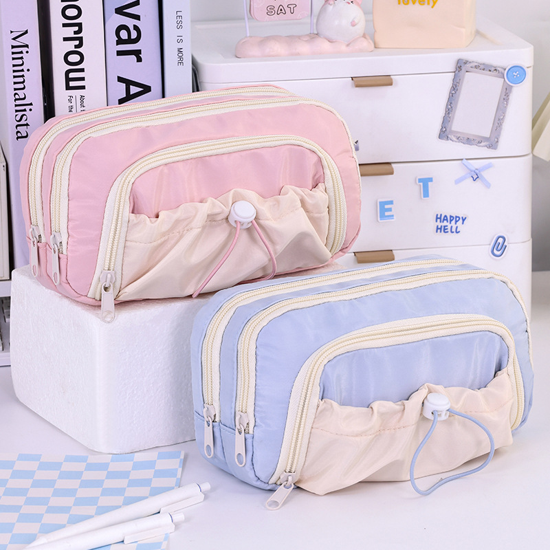 Estuche para lápices de gran capacidad de cinco capas para niñas nuevo estilo simple y de alto valor caja de papelería para estudiantes de secundaria y escuela primaria caja de lápices con cordón retráctil