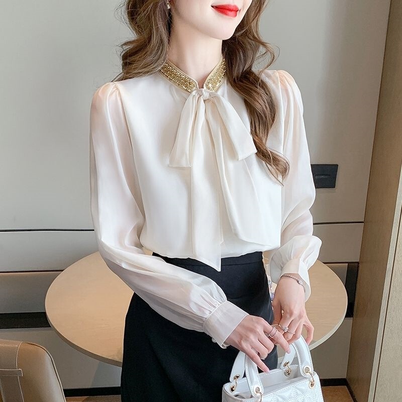 French Grade Sequin Bow Shirt for Women 2025 New Spring Beauty Shirt Apricot Chiffon Top