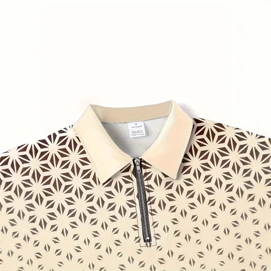 Camisa POLO con cremallera suelta transpirable de malla de negocios de la calle de verano para hombres, impresión digital 3D geométrica simple