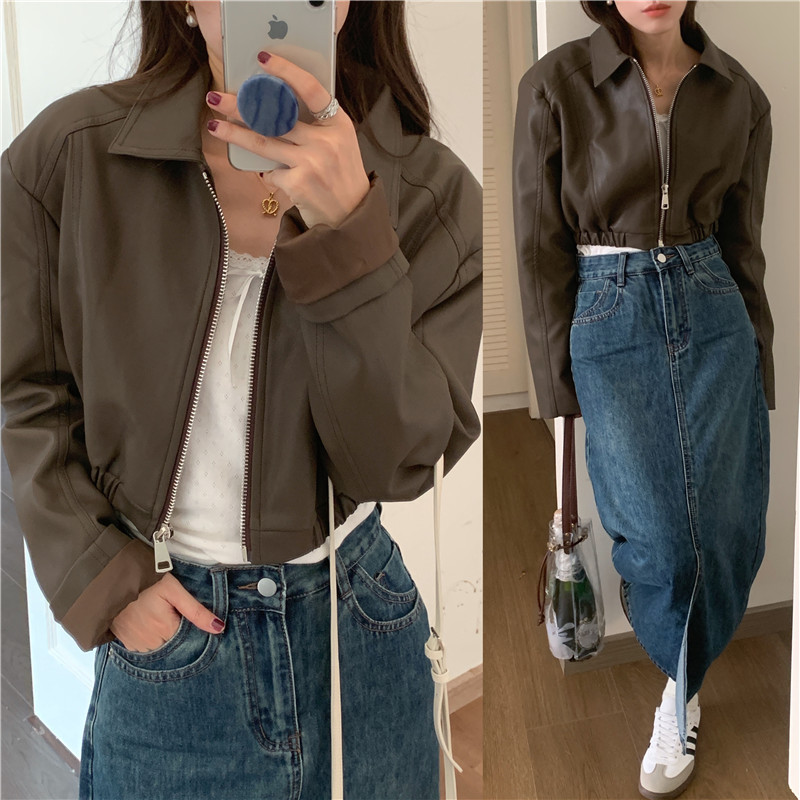 复古美式翻领短款拉链pu皮外套女秋季帅气机车服长袖开衫皮衣女