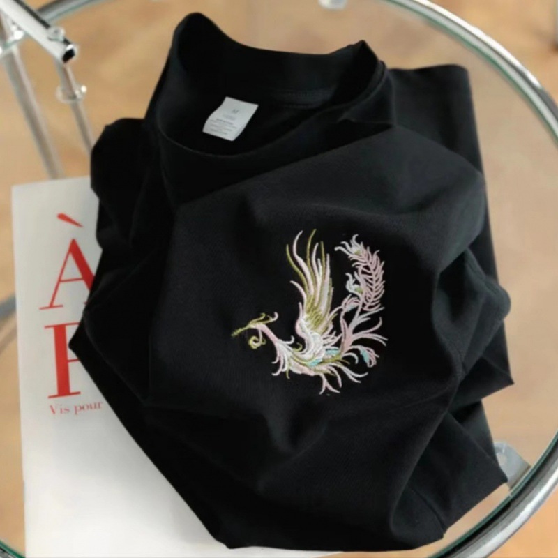 凤凰100%纯棉刺绣短袖T恤女宽松白色全棉学生男女同款半袖2024