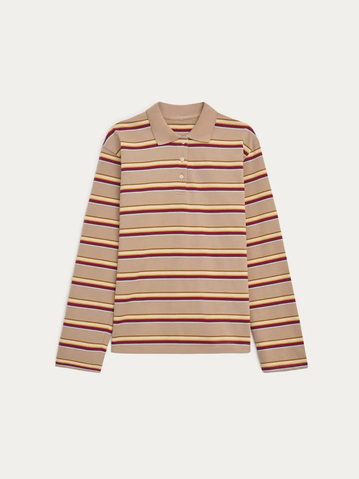 Áo thun nữ sọc dài tay cổ polo dáng rộng phong cách retro — hồng, màu nâu, nâu sẫm, quần kaki chi tiết 46
