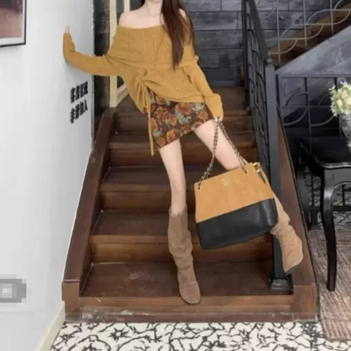 美拉德一字肩长袖针织衫上衣碎花半身裙短裙女2025秋季新款两件套