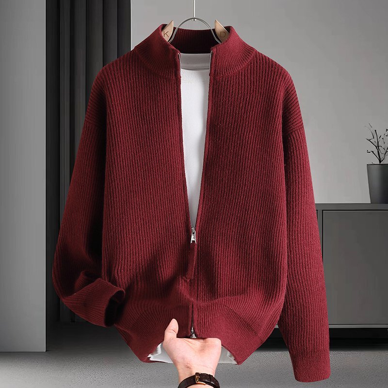 New 2026 autumn/winter men's fashion stand-collar sweater, solid-color cardigan, casual and trendy knitwear outerwear