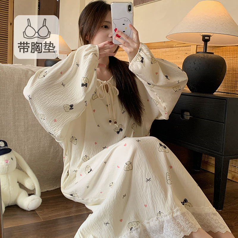 公主风睡裙女带胸垫春秋季甜美宽松云朵棉大码睡衣裙家居服可外穿|undefined