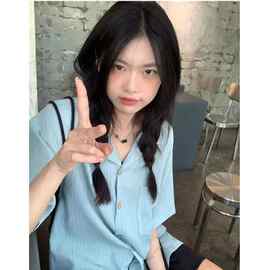 蓝色肌理感条纹衬衫女短袖西装领上衣2026夏季新款学生百搭衬衣
