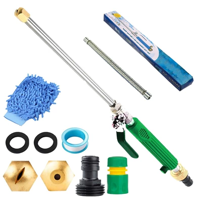 High pressure car wash water gun — Car cleaning tools - set-thirteen-water-gun-green-2-nozzles-1-black-connector-2-gaskets-1-tape-1-green-quick-connector-blue-gloves-extension-tube