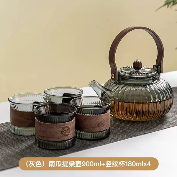 Smoke gray pumpkin pot + 4 vertical grain wooden cups