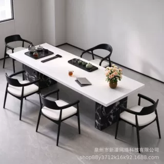 意式轻奢实木茶桌书桌一体两用带插座大板白色茶台高端茶室茶桌椅