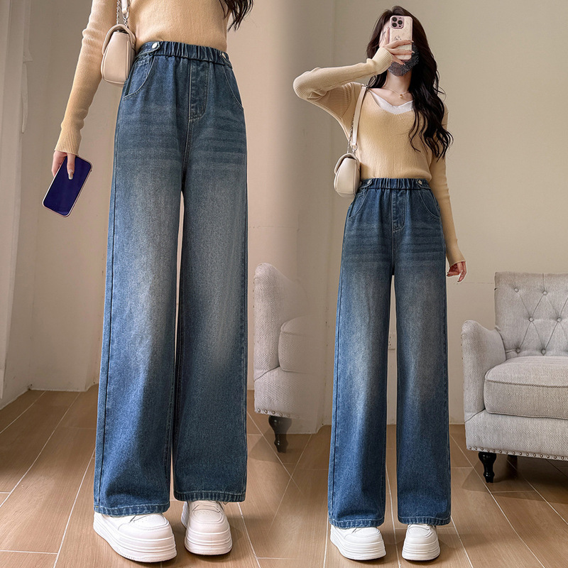 Plus-Size Women's Straight-Leg Jeans for Autumn, New Elastic Waist, Loose Fit, Super Slimming, Very Stylish Pants
