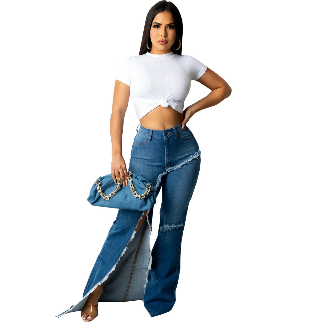 Abbigliamento da donna pantaloni alla moda slim larghi e strappati in denim lavato a zampa d'elefante_voghion.com