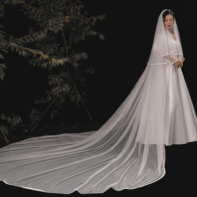 新娘头纱简约复古长款缎布包边软纱带发梳双层拖地新娘结婚纱蓬蓬|ms