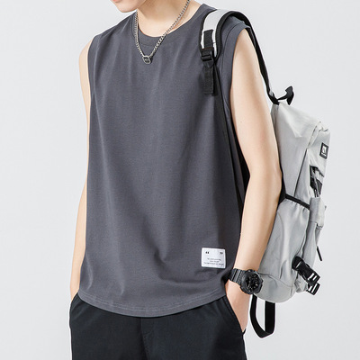 鲲海鹏云男装夏季潮牌纯色运动背心男宽松健身无袖坎肩男士t恤|ms