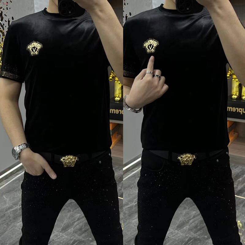 Autumn and Winter Men's Gold Velvet Short-sleeved Base Shirt Fashion Hot Drilling Casual All-match Simple Casual Round Neck Half-sleeved T-shirt