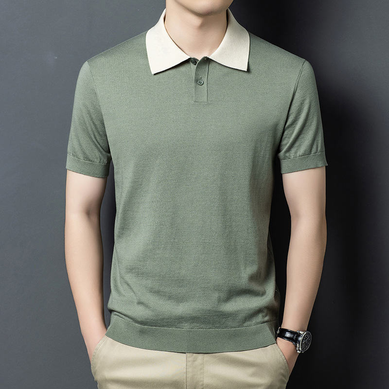 High-End Island Cotton Color-Blocked Collar Short-Sleeve Knit Shirt for Men, Summer Thin Polo Shirt, Fashionable Versatile T-Shirt