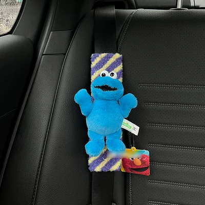 New Sesame Street Elmo Car Shoulder Cover Elmo Cookie Monster Plush Doll Car Seat Belt Protective Cover (Seat belt shoulder pad) - 1-striped-shoulder-pad-opening-blue-cookie-hand-stitched