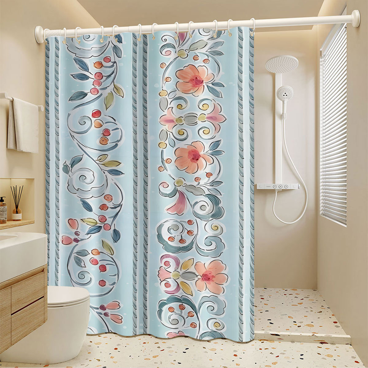 Duschvorhang im französischen Stil, bohrfrei und einfach zu montieren, wasserdicht und feuchtigkeitsbeständig, Trennvorhang für Gästehäuser, Blumenmuster_voghion.com