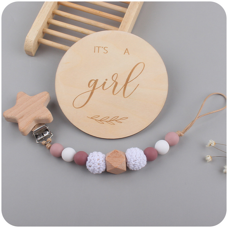 Nuevo bebé suministros madera hito tarjeta creativa bebé estrella de dibujos animados haya clip chupete cadena traje