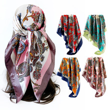 欧美包头巾经典腰果花纹丝巾女士披肩跨境仿真丝头巾90cm方巾批发