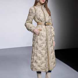 冬季新款气质优雅珍珠织带收腰中长款绣花蕾丝90白鸭绒羽绒服外套