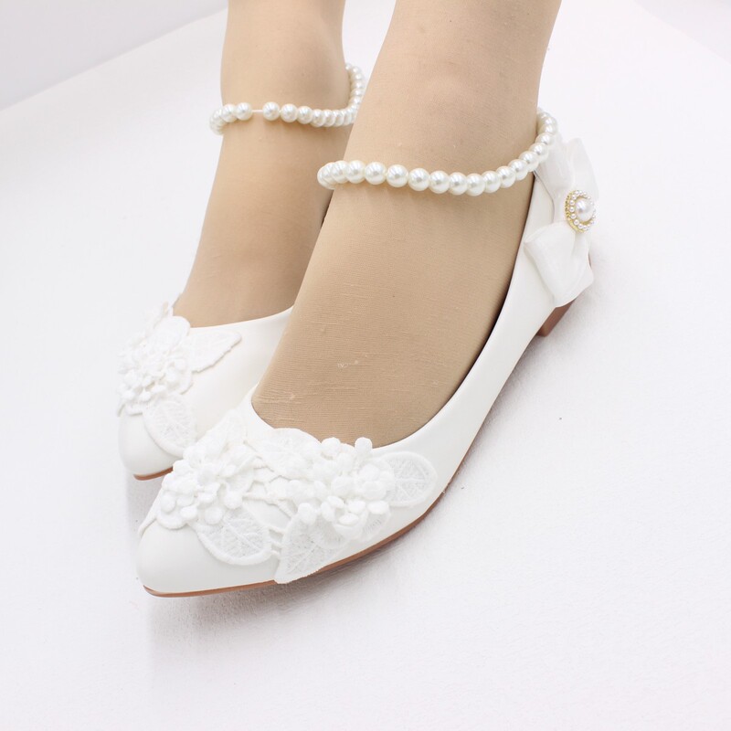 Yellow Bottom Flat Heeled Pointed Women's Shoes PU Surface Matte White Handmade Wedding Shoes Bead Beads Decorative Bridal Shoes BH2442