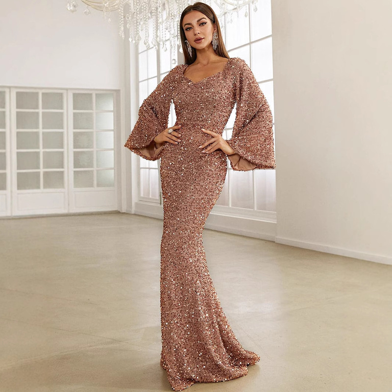 Sexy Evening Dress European and American Women Sexy dress Mid-Waist Horn Sleeve Sequin V-Neck Evening Dress
