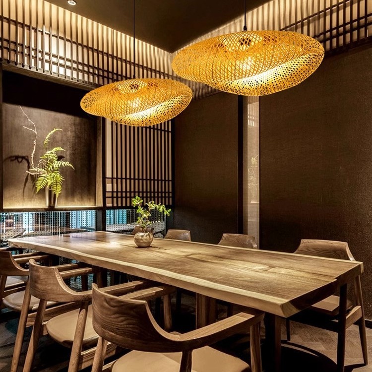 Art de bambú Chandelier de bambú Zen sala de té lámparas residenciales nuevas linternas de restaurante chino creativas comerciales japonesas lámparas de tela de caña