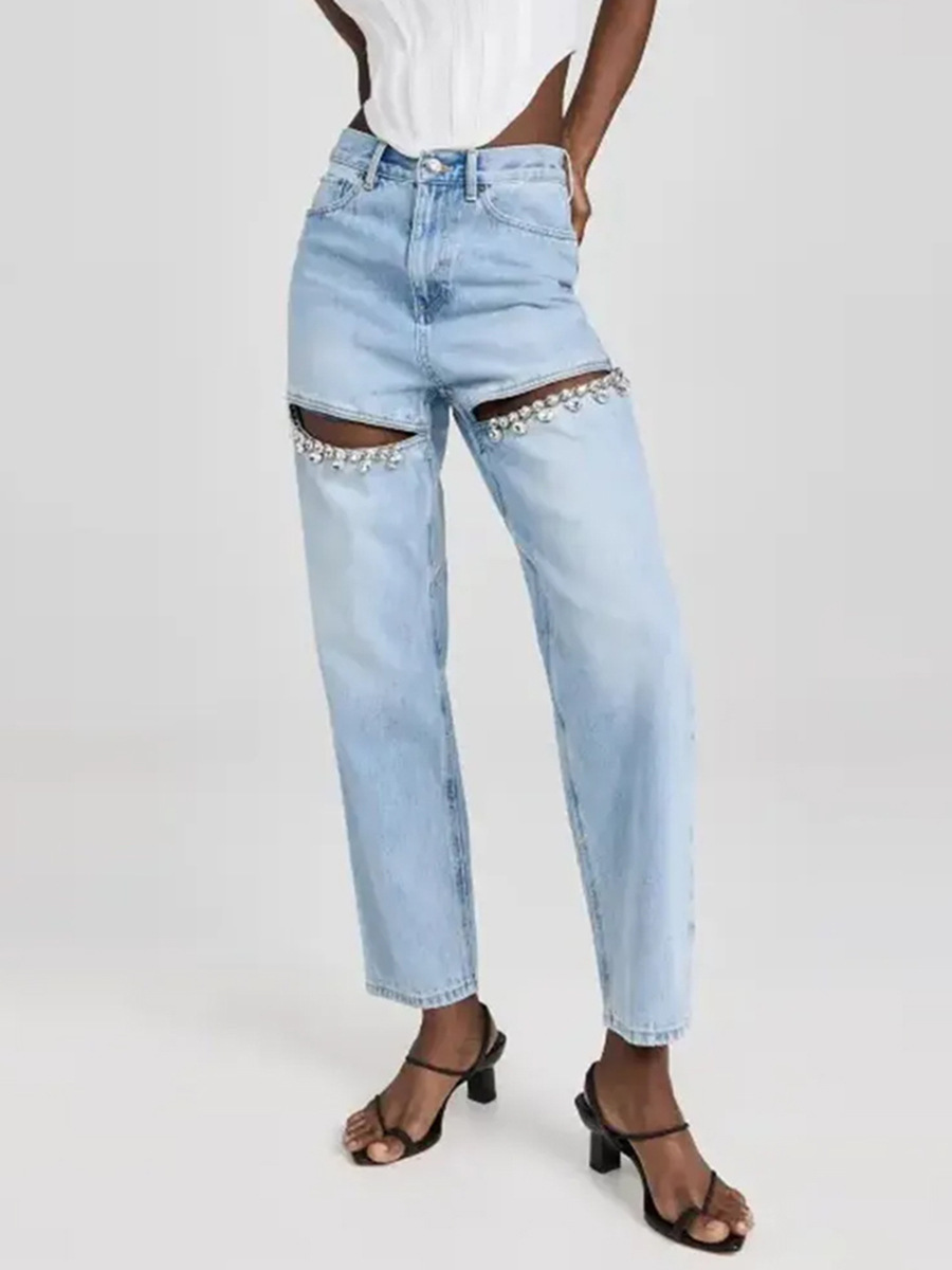 Vaqueros de nicho europeos y americanos, nueva colección primavera 2026, estilo largo de cintura alta con diseño hueco de pedrería, pantalones anchos de color liso para mujer.