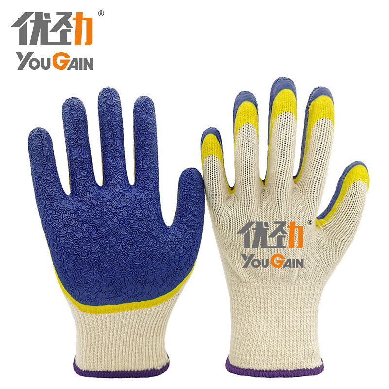 批发10针棉纱双层乳胶皱纹浸胶劳保手套园艺工业建筑用防护手套