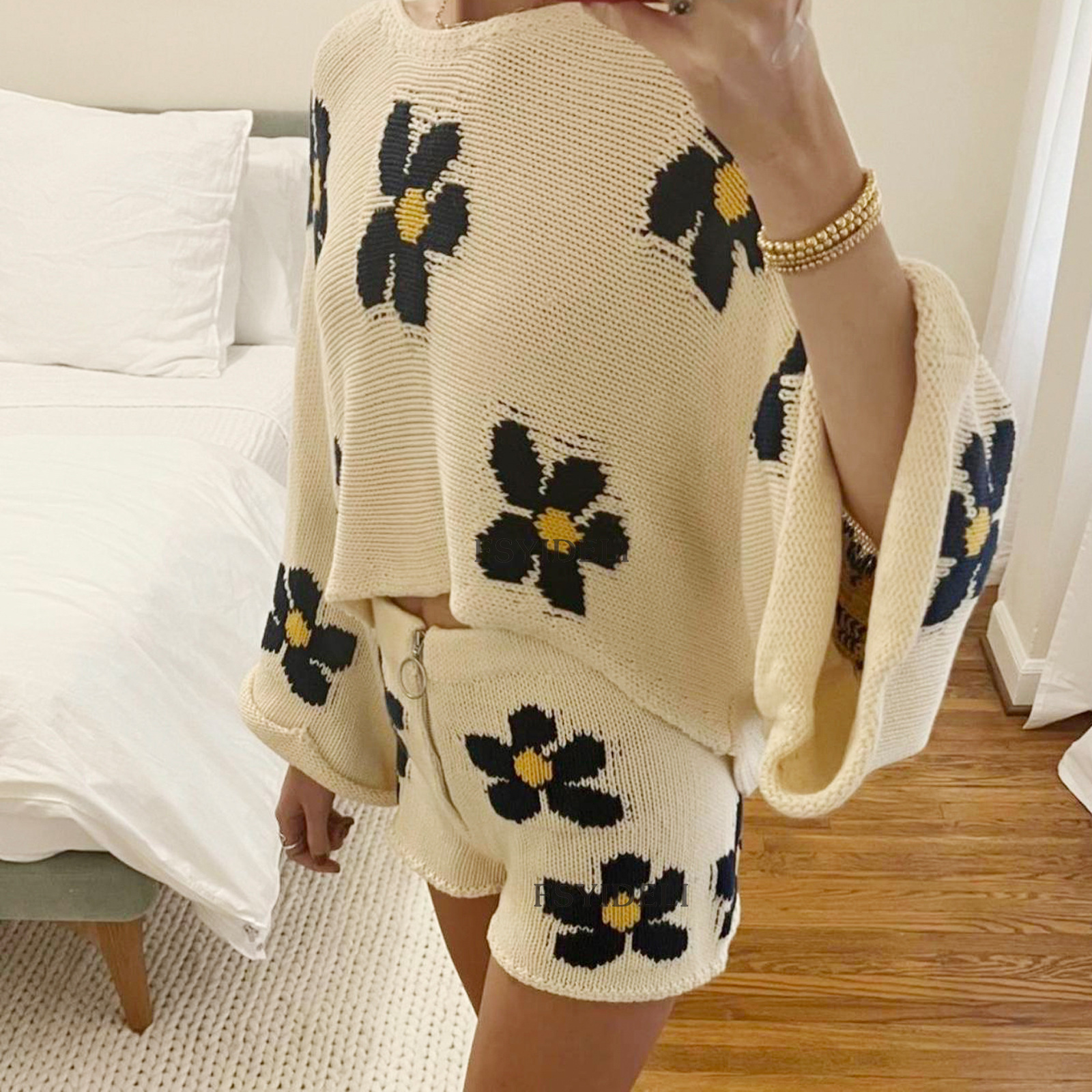 Women's autumn and winter new flower print women's casual shorts woolen two-piece suit_voghion.com