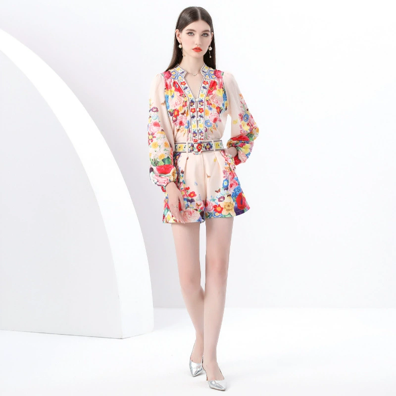 Spring retro flashlight, shirt, shorts, set, V-neckline, 2 pieces