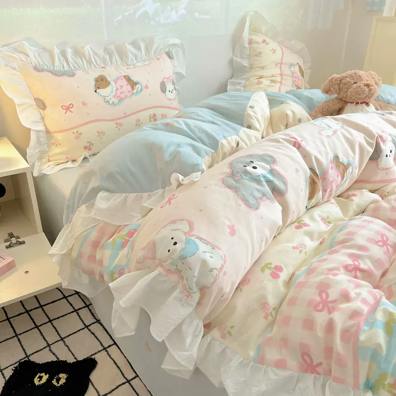 ins小清新花边100%纯棉四件套法式公主风卡通全棉床单床笠三件套
