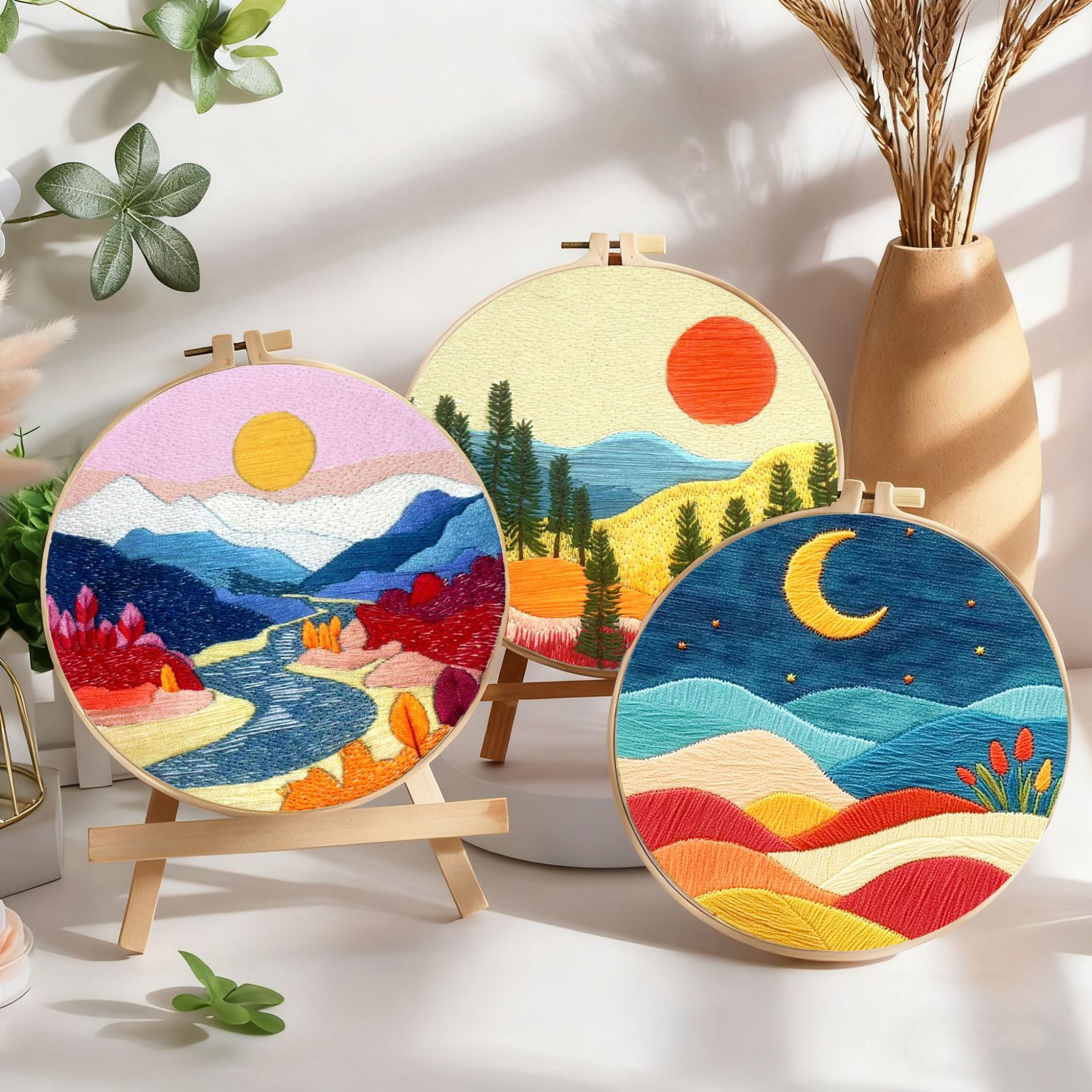 Bordado transfronterizo de nuevos productos, combinación de paisaje, sol y luna, bordado de paisaje hermoso, paquete de material para principiantes, bordado de fábrica