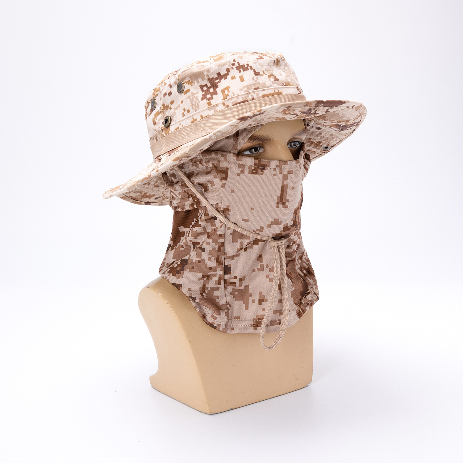 Sombrero de borde redondo de camuflaje transfronterizo Sombra de sol al aire libre Tácticas Funda de sombrero Benny Tapa de ley Balafak Máscara de pesca
