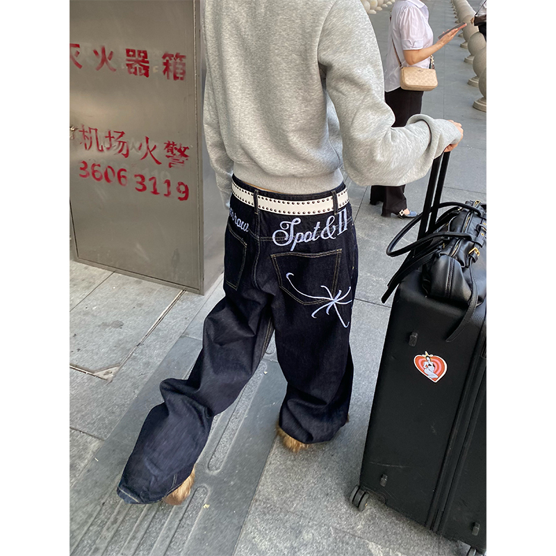 American Retro Embroidered Wide-Leg Jeans for Men and Women, High Street Fashion Brand, Straight-Leg Floor-Length Pants, Loose Fit, Slimming, Casual, Cool and Stylish
