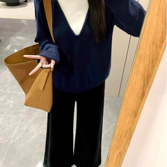 慵懒风软糯V领藏青色假两件针织衫女秋冬学院风气质宽松毛衣上衣