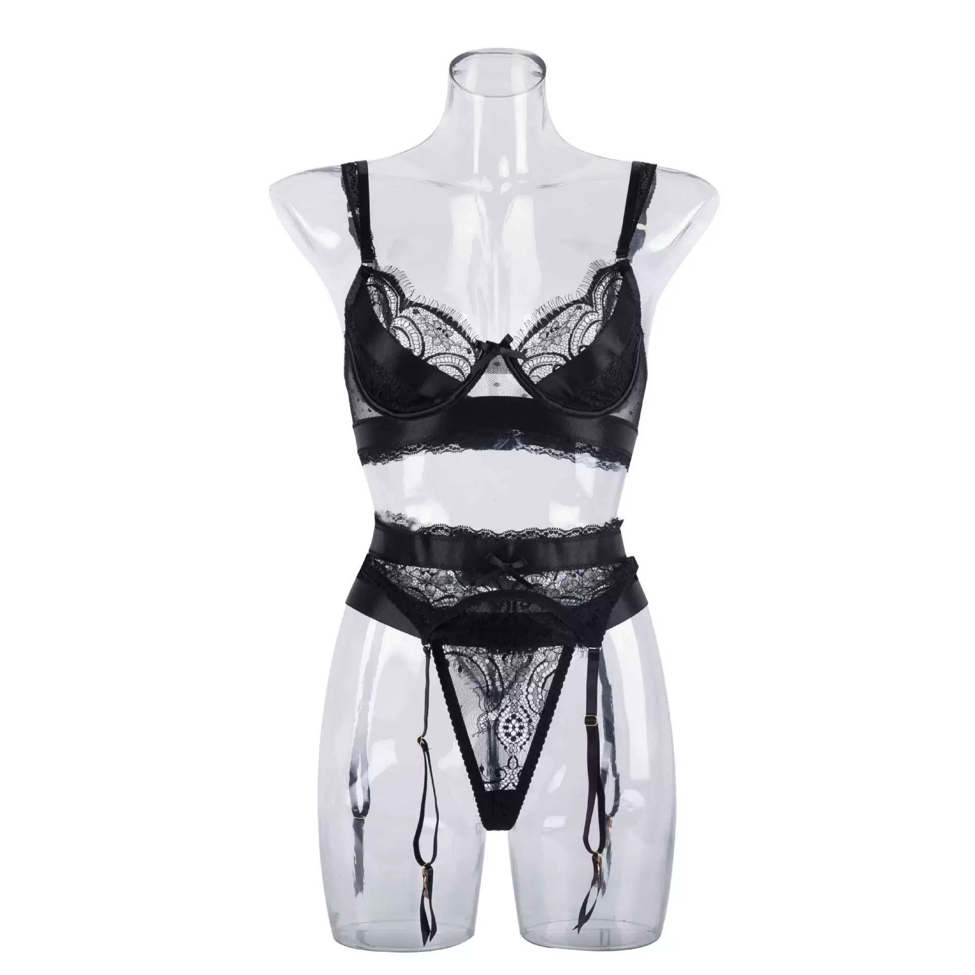 Sexy set, lace split underwear for eyelashes, European style, 3 piece set, lace dress