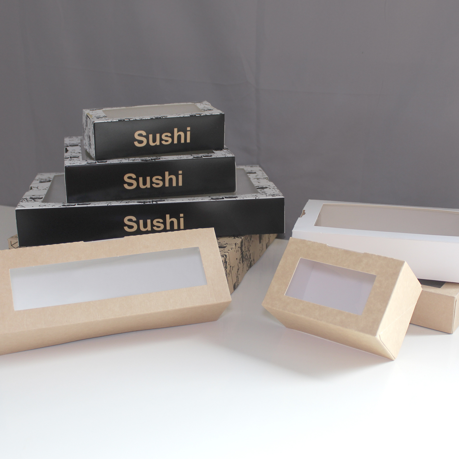 Tarjeta de vaca desechable, caja de sushi de tarjeta blanca, caja de embalaje, caja de pastel, caja para llevar de una sola pieza, caja de pizza, tragaluz para ensalada