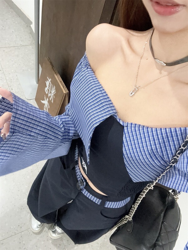 甜酷辣妹套装小众条纹拼接两穿长袖衬衫女装秋季高腰阔腿裤两件套|undefined