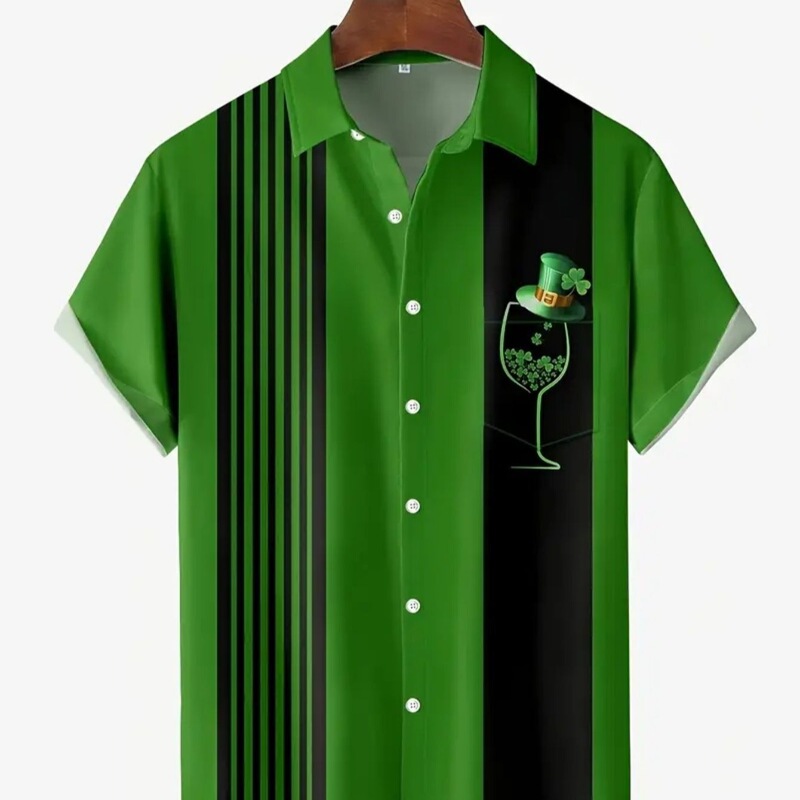 St. Patrick's Day Green and Black Striped Shirt for Men, Loose Short-Sleeved Shirt with Clover and Wine Glass Print St. Patrick's Day Green and Black Striped Shirt for Men, Loose Short-Sleeved Shirt with Clover and Wine Glass Print